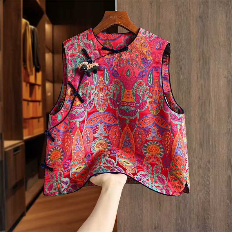 Nouvelle veste gilet chic rouge haut de gamme pour femme, style chinois, classique, à boucles, col r