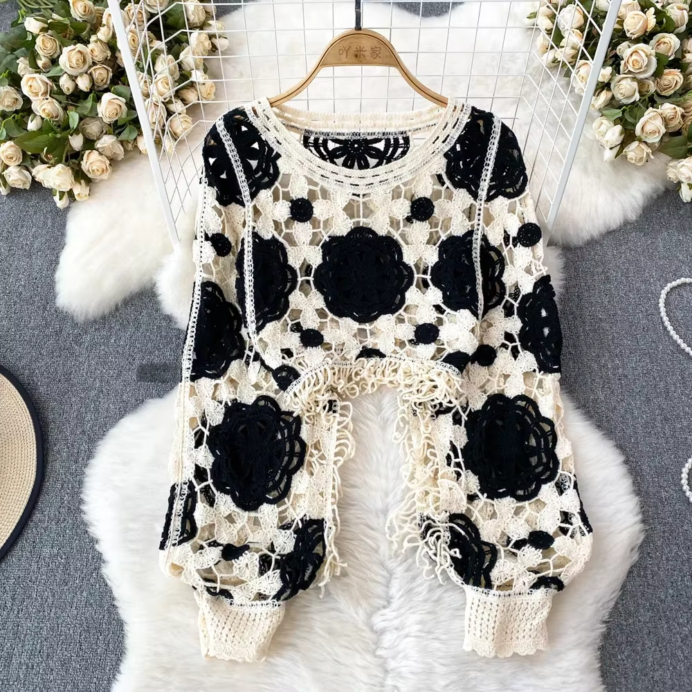 Granny – haut carré à franges, tricoté au Crochet, manches chauve-souris, pull pour femmes et adoles