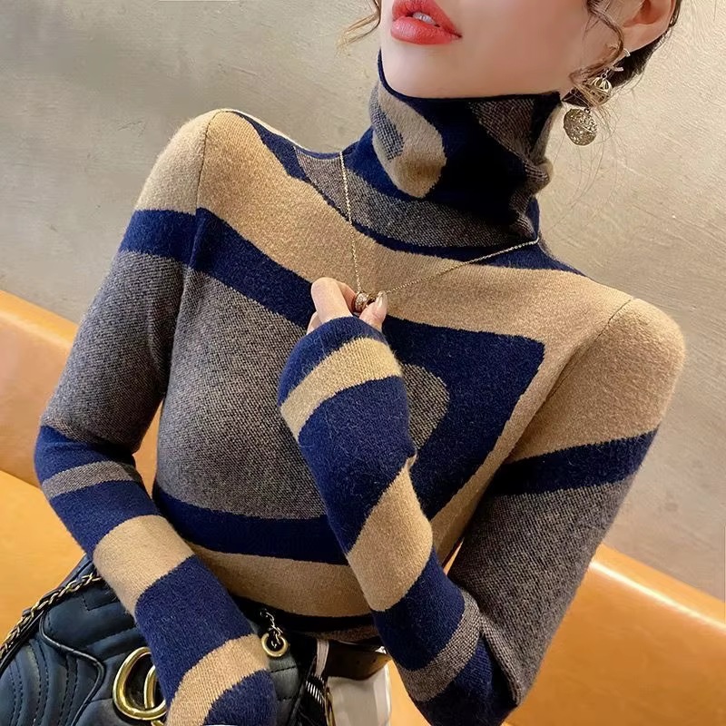 Femmes col roulé couleur bloc tricoté pull nouveau mince mode tout-match Vintage laine pulls décontr