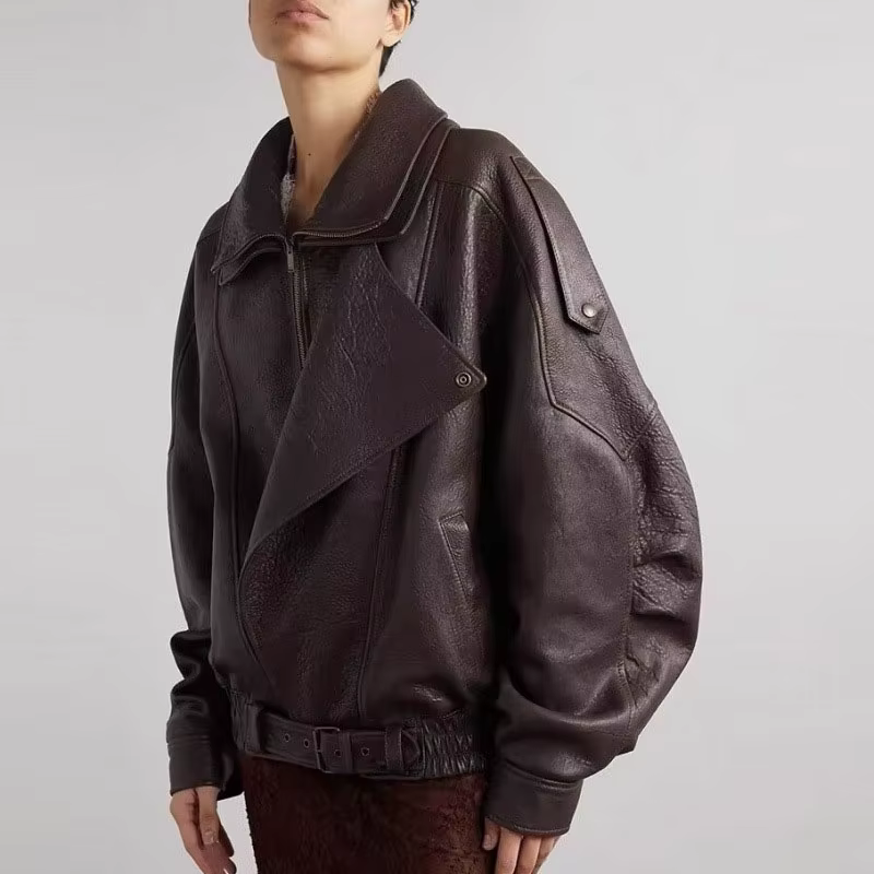 Veste en cuir PU avec ceinture asymétrique pour femme, manteau ample avec col à revers et fermeture