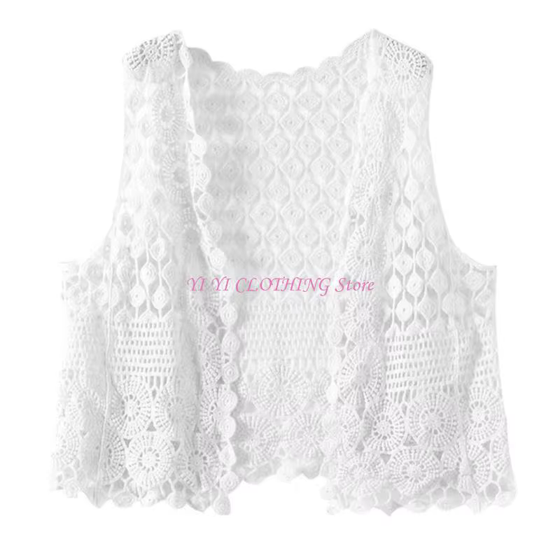 Gilet cardigan court sans manches en crochet pour femme, motif géométrique ajouré ethnique, ouvert s