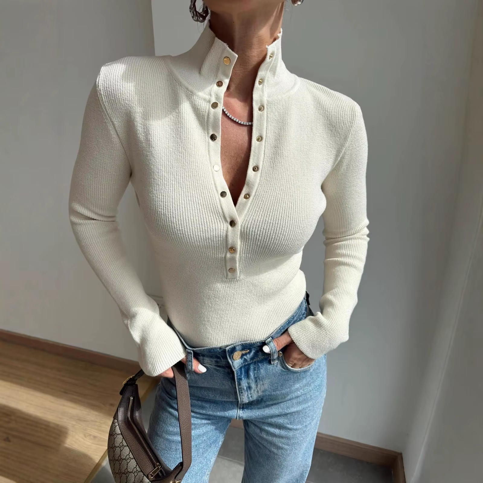 Pull tricoté à col haut et boutons en métal pour femme, couleur unie, manches longues, serré, Base s