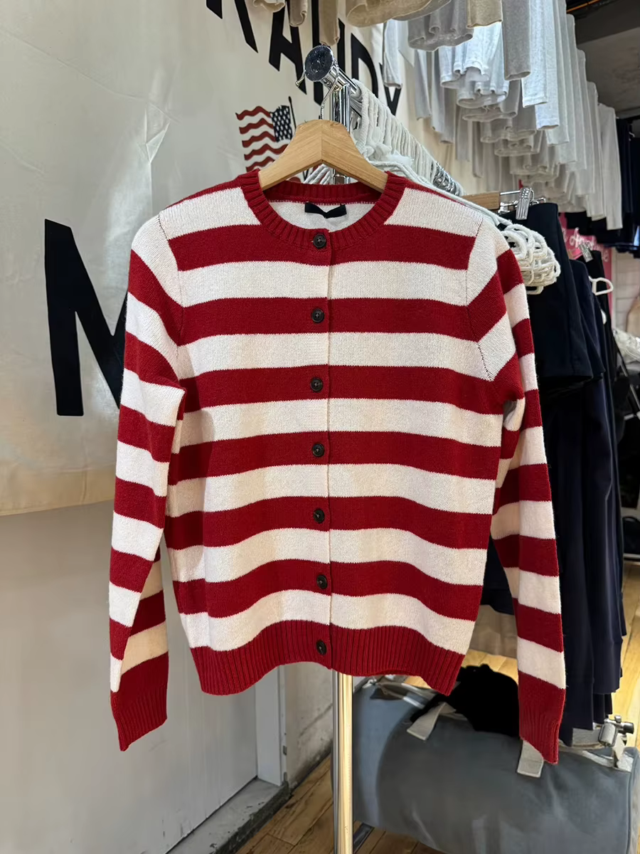 Pull cardigan rayé rouge doux pour femme, col rond, simple boutonnage, tricots en coton, style prepp