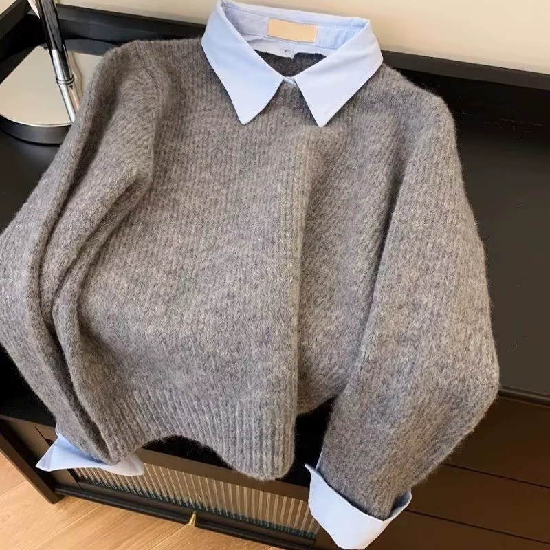Nouveau faux deux chemises col pull femmes automne couleur contrastée gris tricot pull pulls chaud t