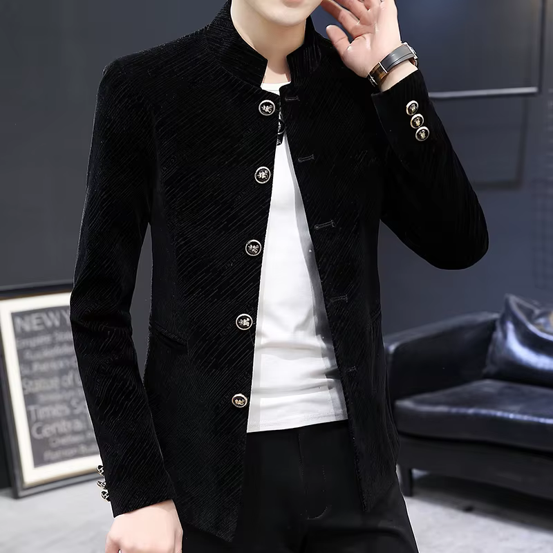 Veste de costume en velours rétro de luxe pour hommes, mode Slim Fit col montant, Blazer Masculino d