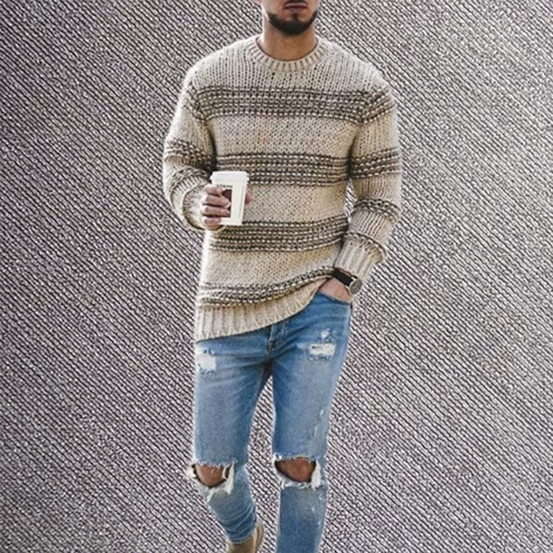 Pull rayé pour hommes, pull décontracté, mode automne et hiver, col rond, haut tricoté
