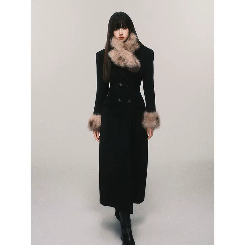 Vintage col de fourrure Double boutonnage taille Corset sablier écharpe amovible Long manteau en lai