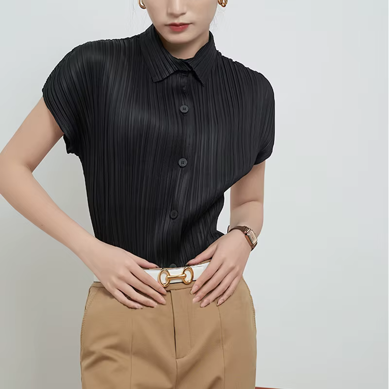 Miyake – Cardigan plissé à simple boutonnage, Polo à manches courtes pour femmes, mode coréenne, vêt