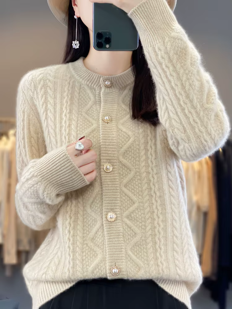 Pull à fleurs torsadées à manches longues pour femmes, cardigan à col rond chic, 100% laine mérinos,