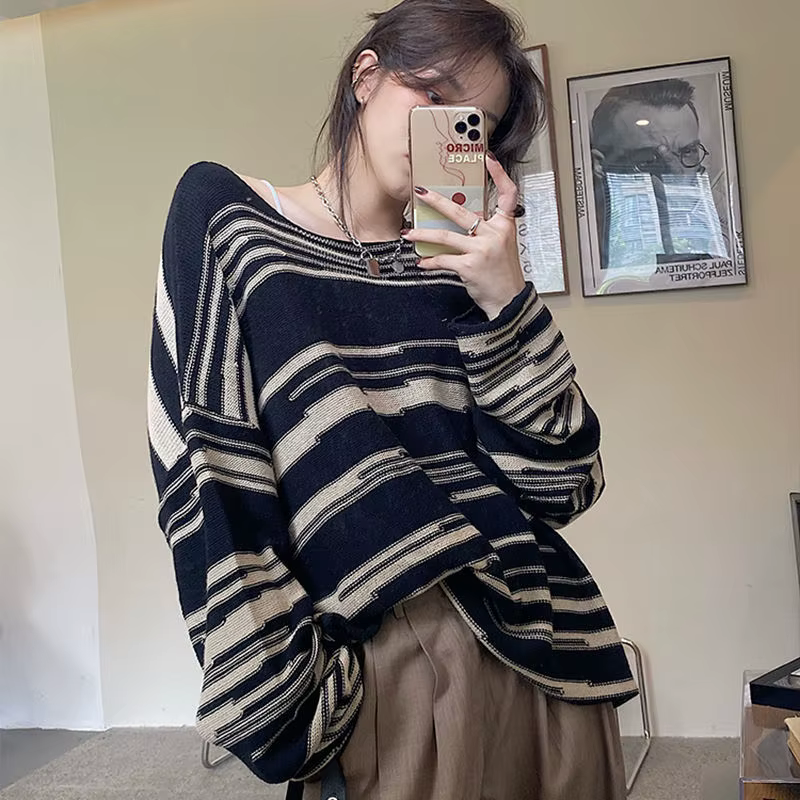 Pull rayé à manches longues pour femme, ample, gothique, tricoté, style Hip Hop, rétro, surdimension