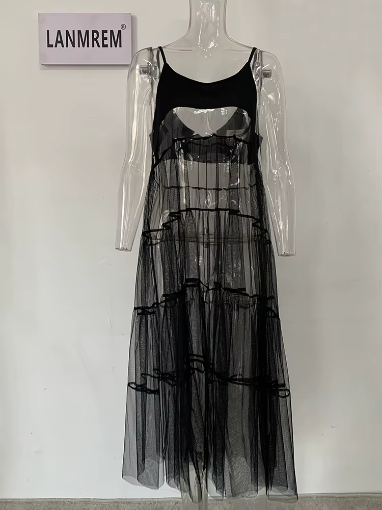 LANMREM-Robe à bretelles en maille pour femmes, dos nu, mode épissée, robes trapèze solides, vêtemen