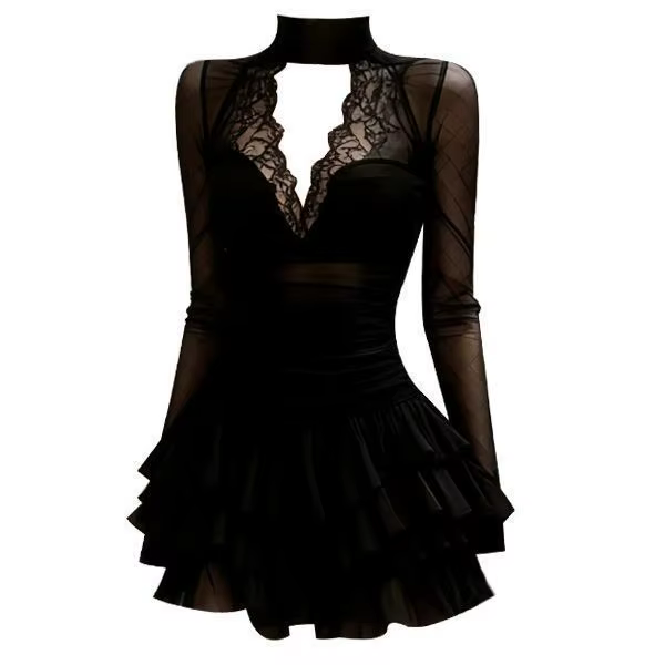 Robe Courte Femme Noire Style Français en Dentelle à Col Profond, Amincissante et Sexy, avec Jupe Su