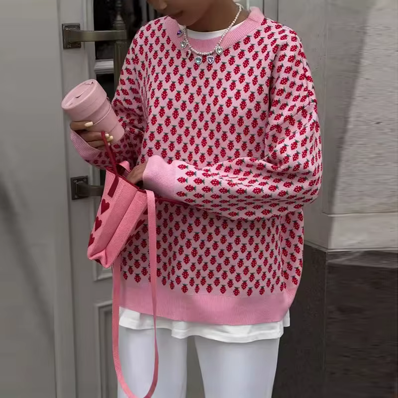 Pull en tricot Jacquard pour femme, manches longues, col rond, ourlet élastique, épaules tombantes,