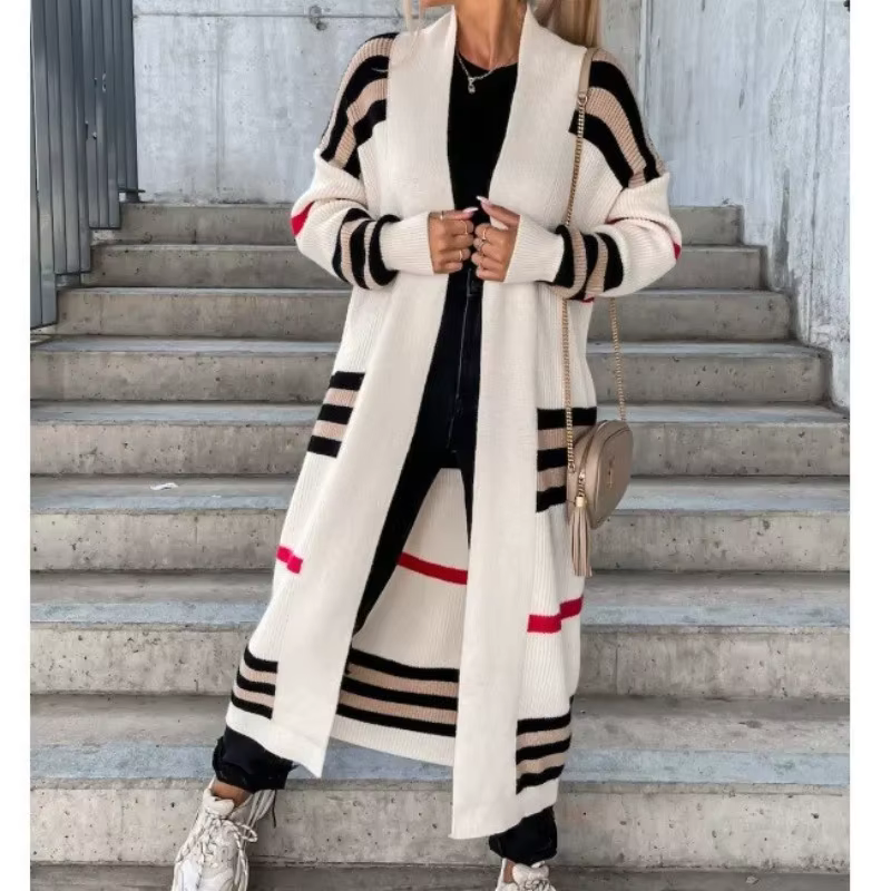 2025 Cardigan en tricot rayé à manches longues, manteau pull ample