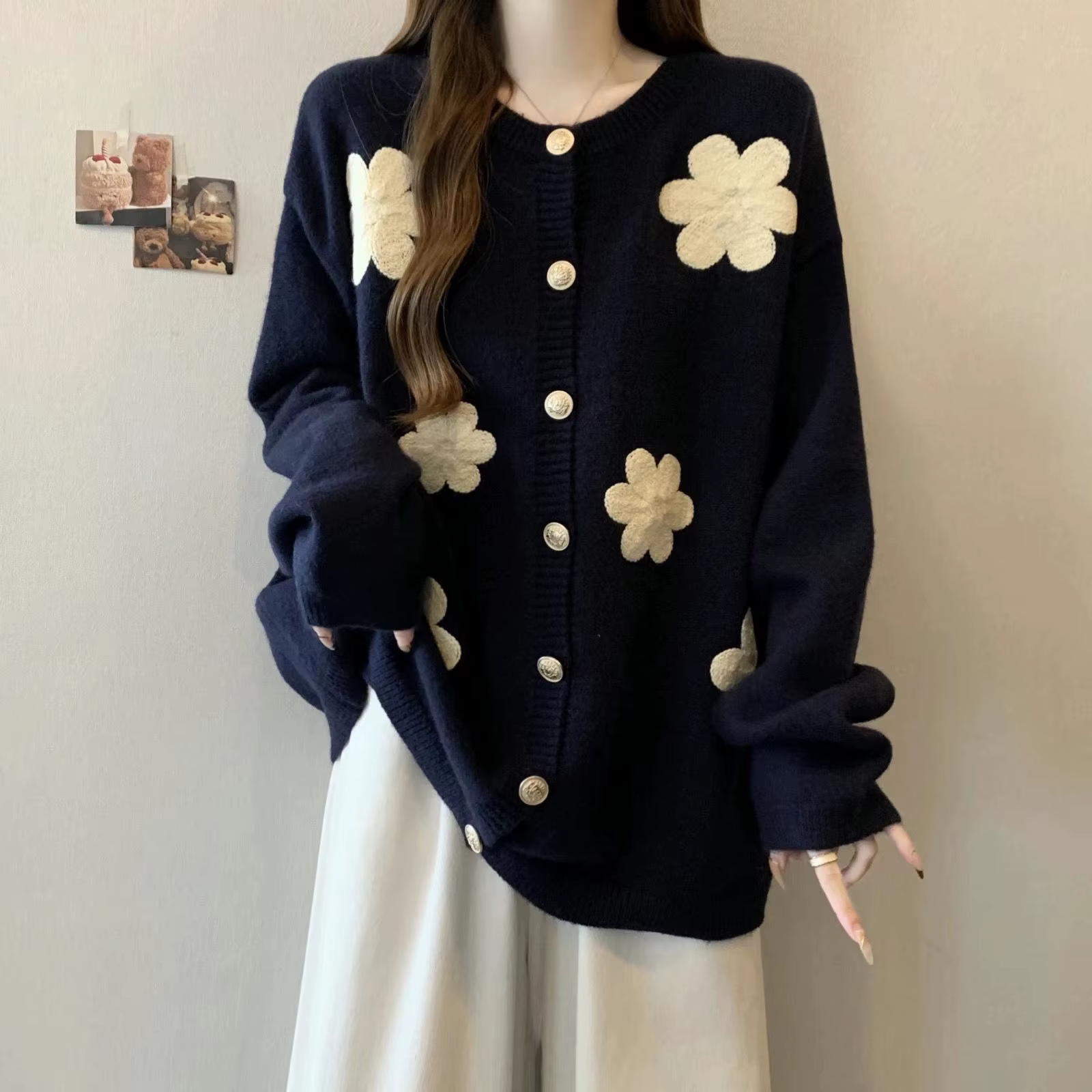 Haut tricoté à manches longues et col rond pour femme, Cardigan, veste pull, automne