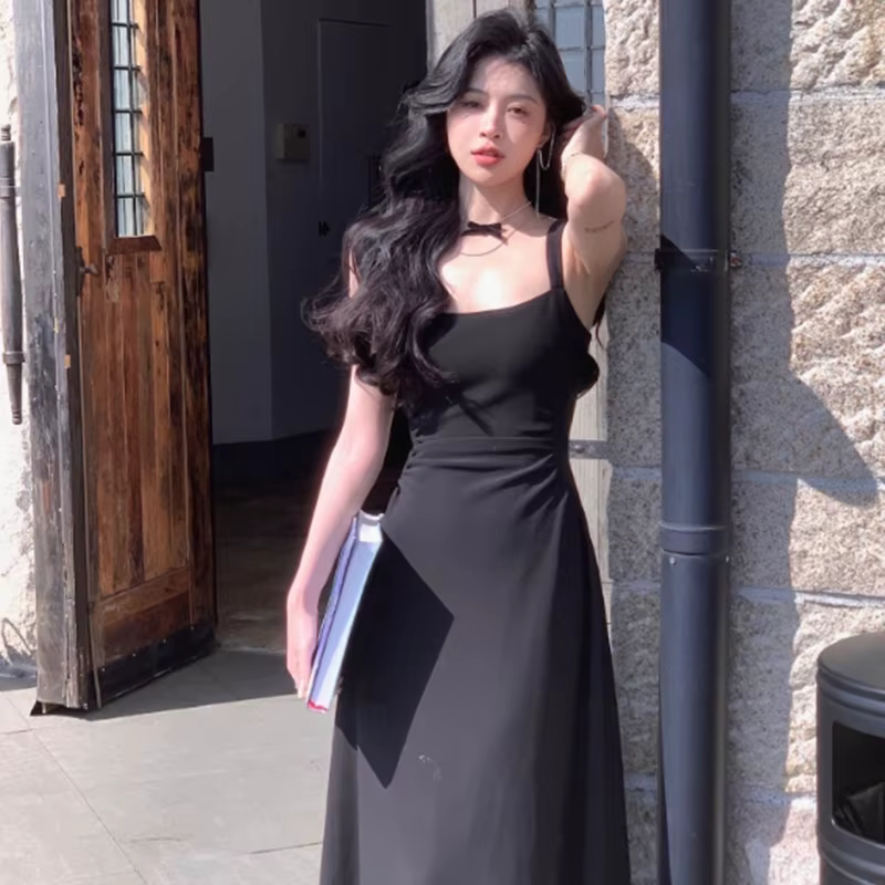 Robe de soirée française à col carré pour femmes, élégante, sans manches, taille amincissante, longu