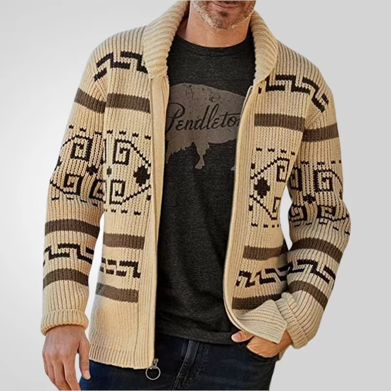 Cardigan tricoté pour hommes, manteau à fermeture éclair, manches longues, col rabattu, imprimé, épa