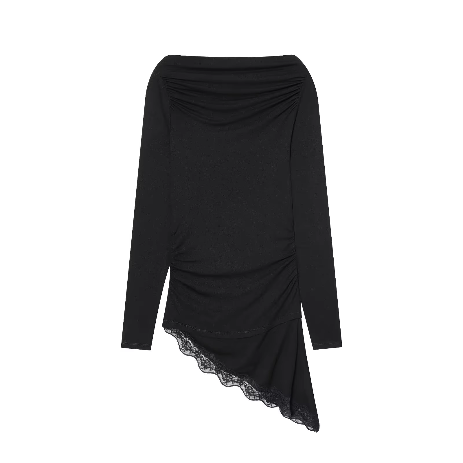 HH femme élégant col bateau ourlet asymétrique plis dentelle décoration manches longues pull haut fe