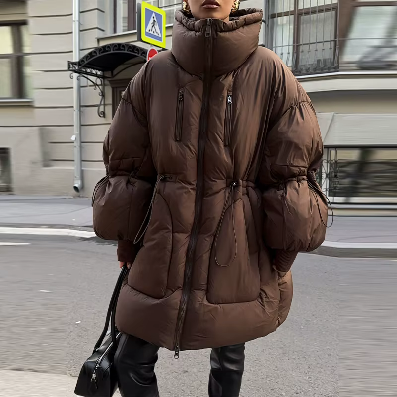 Doudoune oversize pour femme, col montant, manches longues, taille ajustable par cordon, plusieurs p