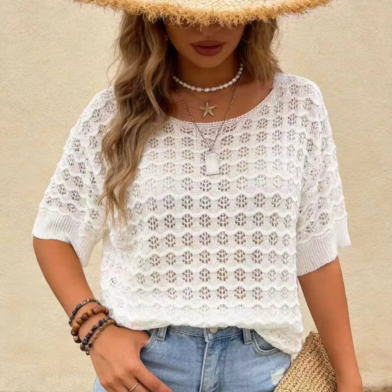 Pull en tricot à col bateau ajouré pour femme grande taille, style bohème vacances