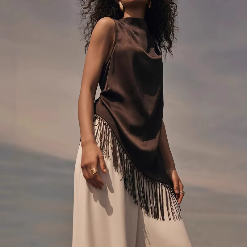 Nouveau gilet en satin à franges pour femme 2026, décontracté, à patte ouverte, sans manches