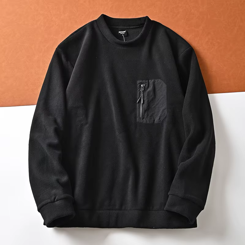 Pull chaud décontracté à col rond pour hommes, pull tendance, poche zippée sur la poitrine, sourire,