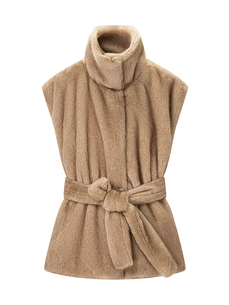 Manteaux en fausse fourrure sans manches pour femmes, col montant, lacets, fourrure, streetwear auto