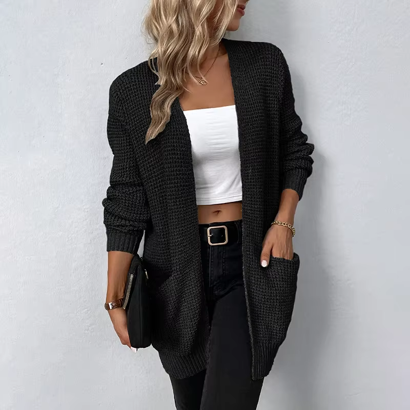Cardigan long à col en V pour femmes, pull rose, pulls décontractés, manteau monochrome, poches ajus