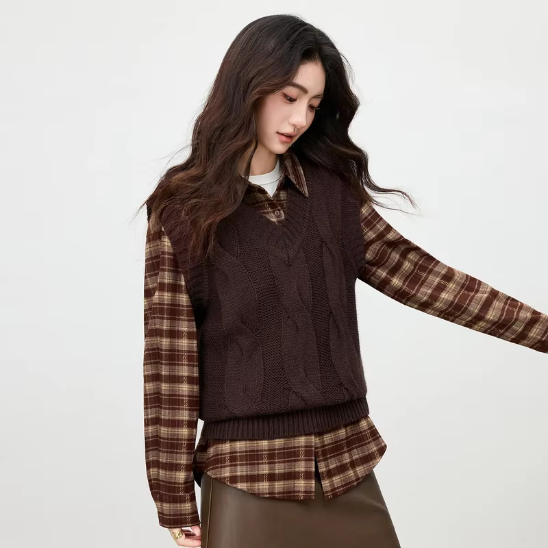 Gilet pull sans manches en laine mélangée SENTUBILA pour femme, col en V, tricot torsadé, motif simp