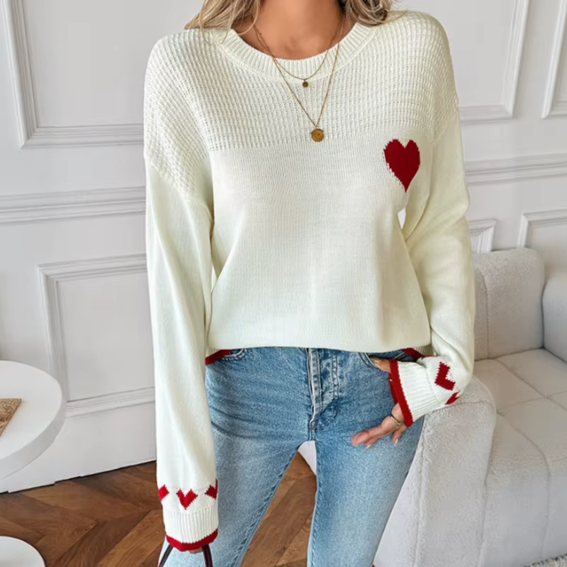 Pull en tricot à motif cœur, doux et chaud, col rond, pull à motif d'amour pour femmes, automne hive