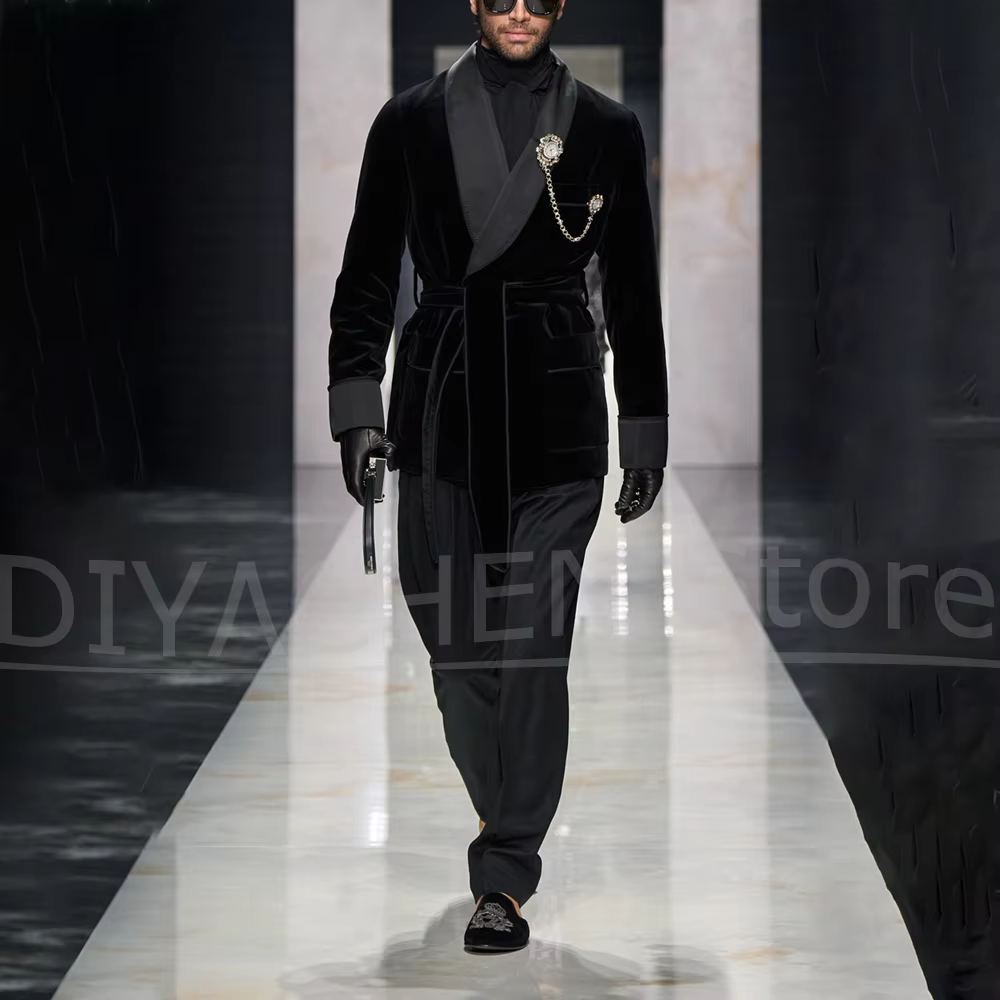 Blazer de costume homme en velours noir, 1 pièce, col châle, ceinturé, de luxe, décontracté, formel,