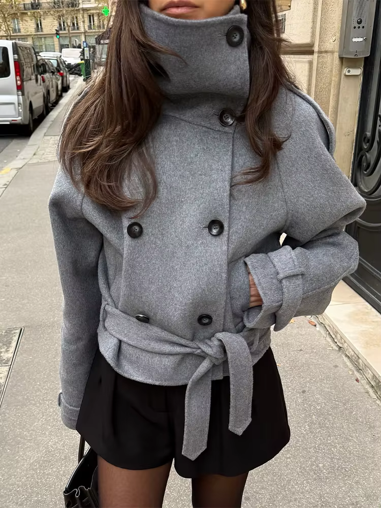 Manteau court en laine gris chic pour femme, à lacets, col montant, manches longues, poches, double