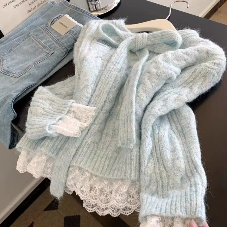 Dentelle couture à lacets nœud Pull femmes automne hiver tricoté chandails haut mode coréenne doux P