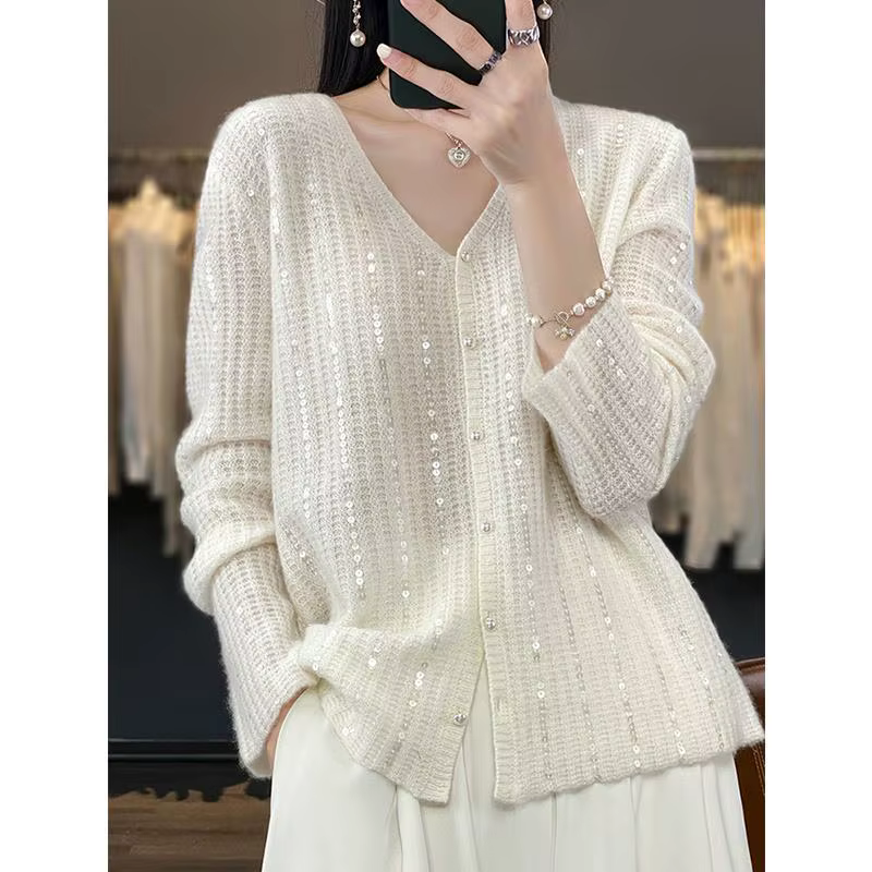 Femmes coréennes pull tricoté paillettes brillant rayé automne hiver Chic Y2k manches longues Cardig