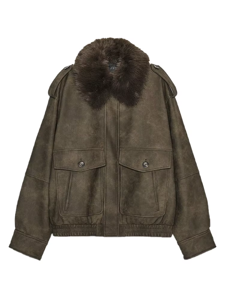 Fourrure col détachable manches longues veste bombardier ample femmes élégant col rabattu poche mant
