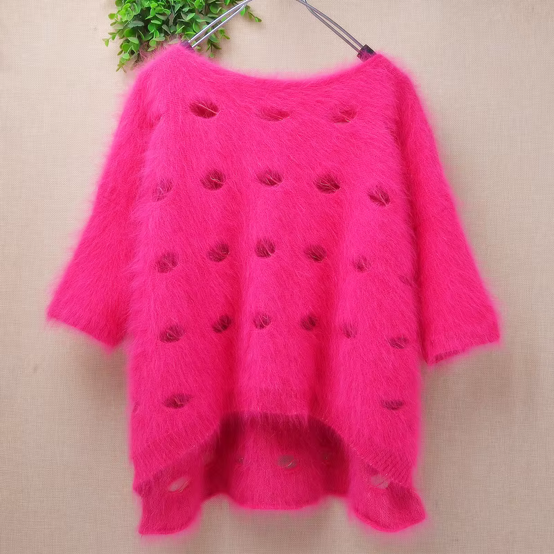 Pull-over ample tricoté en véritable poils de lapin Angora doux et duveteux, col rond, manches court