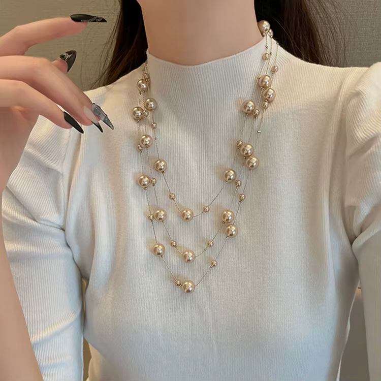 Collier de perles de Simulation multicouches pour femmes, longue chaîne de pull, nouveaux bijoux à l