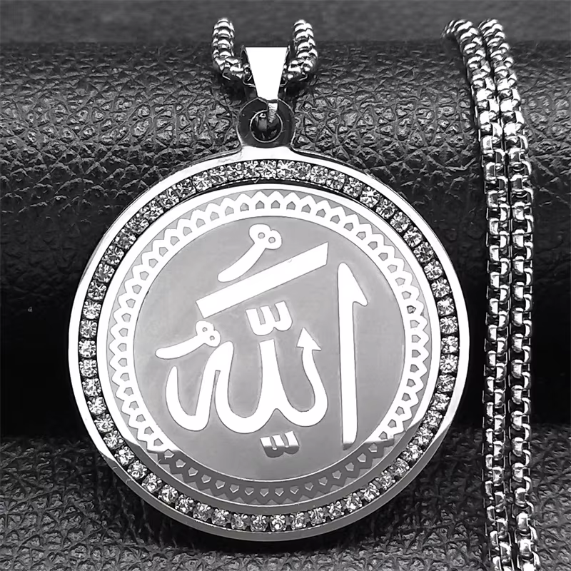 Collier médaille Allah coran arabe pour femmes et hommes, strass, acier inoxydable, couleur or, chaî