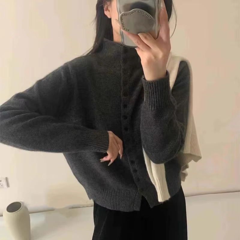 Cardigan boutonné élégant pour femmes, pull tricoté doux, mode coréenne, col roulé, automne hiver