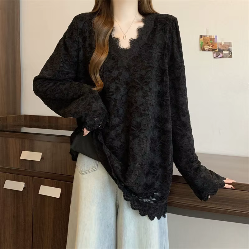 Col en V dentelle Patchwork lâche coréen pulls haut automne hiver nouveau à manches longues solide d