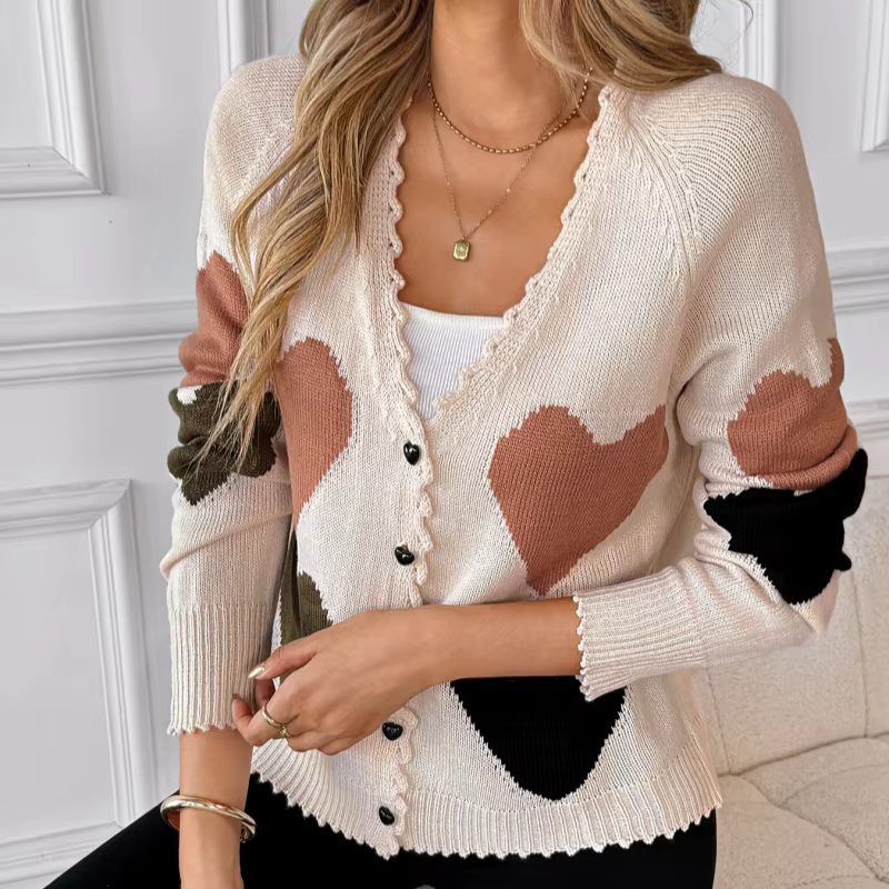Nouveau Cardigan en Tricot Style Doux et Mignon pour Femme, Motif Cœur, Manches Longues, Col en V, C