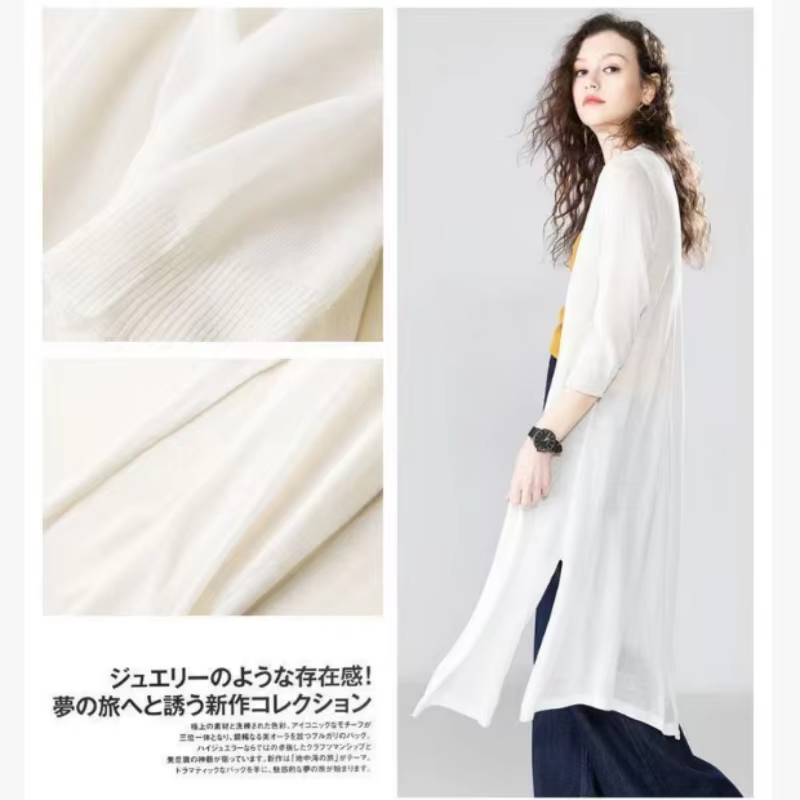 Cardigan ouvert en maille de soie glacée pour femme, protection solaire, coupe ample, longueur moyen