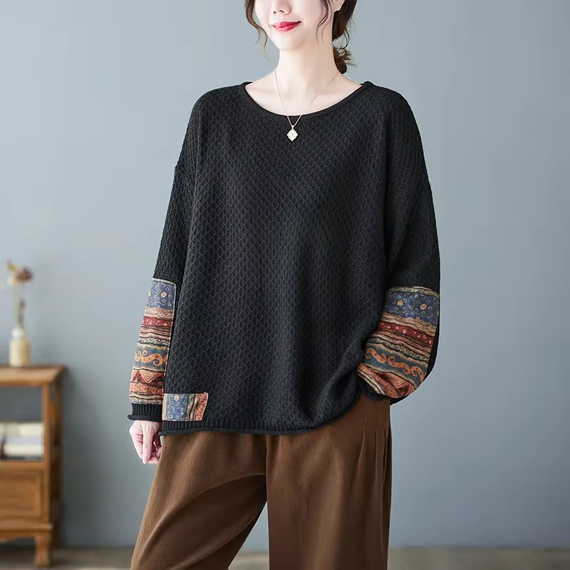 Pull patchwork vintage pour femmes, pull à col rond, tricots élégants pour femmes, mode décontractée