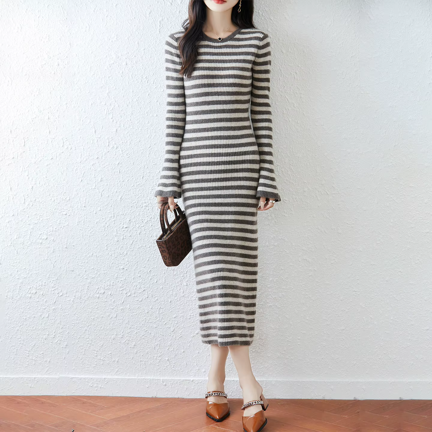 Jupe pull longue rayée, longueur aux genoux, en laine rembourrée, en tricot, nouvelle collection aut