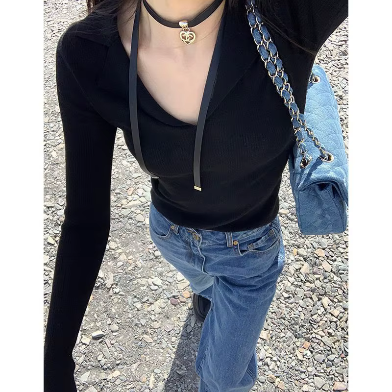 Pull à manches évasées et col POLO pour femme, nouveau pull à manches longues, chemise de Base polyv