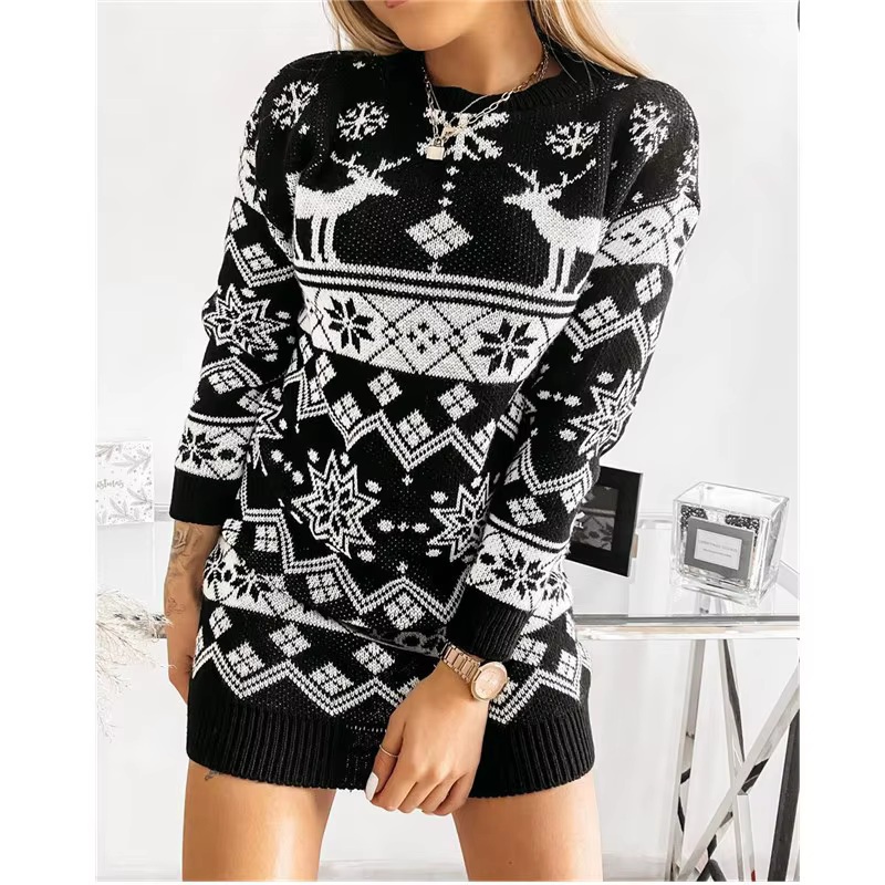 Pull En Maille Femme Damen Kleidungautomne et hiver thème de noël imprimé mi-long femmes à la mode p