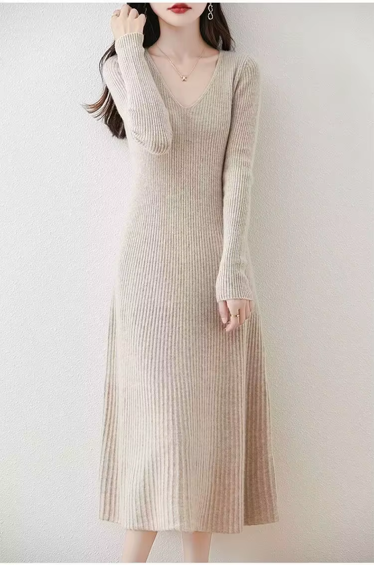 Robe en tricot à col en V pour femmes, longueur mi-mollet, coupe cintrée, Style fourreau, tenue de b