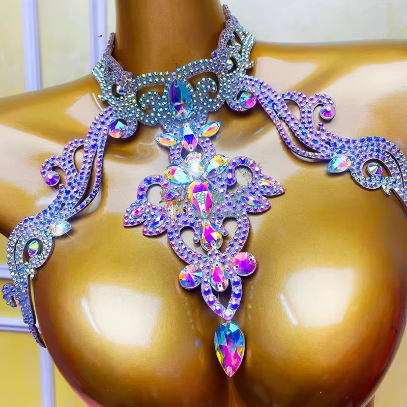 Collier coloré spécial suspendu au cou pour danse du ventre, avec dos, robe de spectacle de danse or