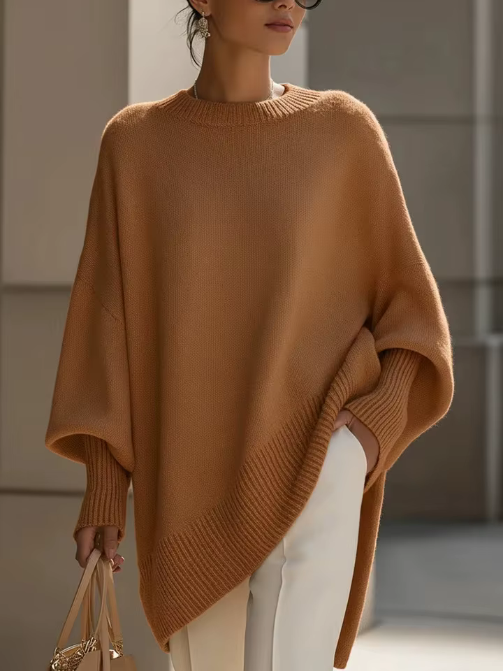 Pull en tricot beige surdimensionné pour femme, manches chauve-souris, ourlet asymétrique, coupe déc