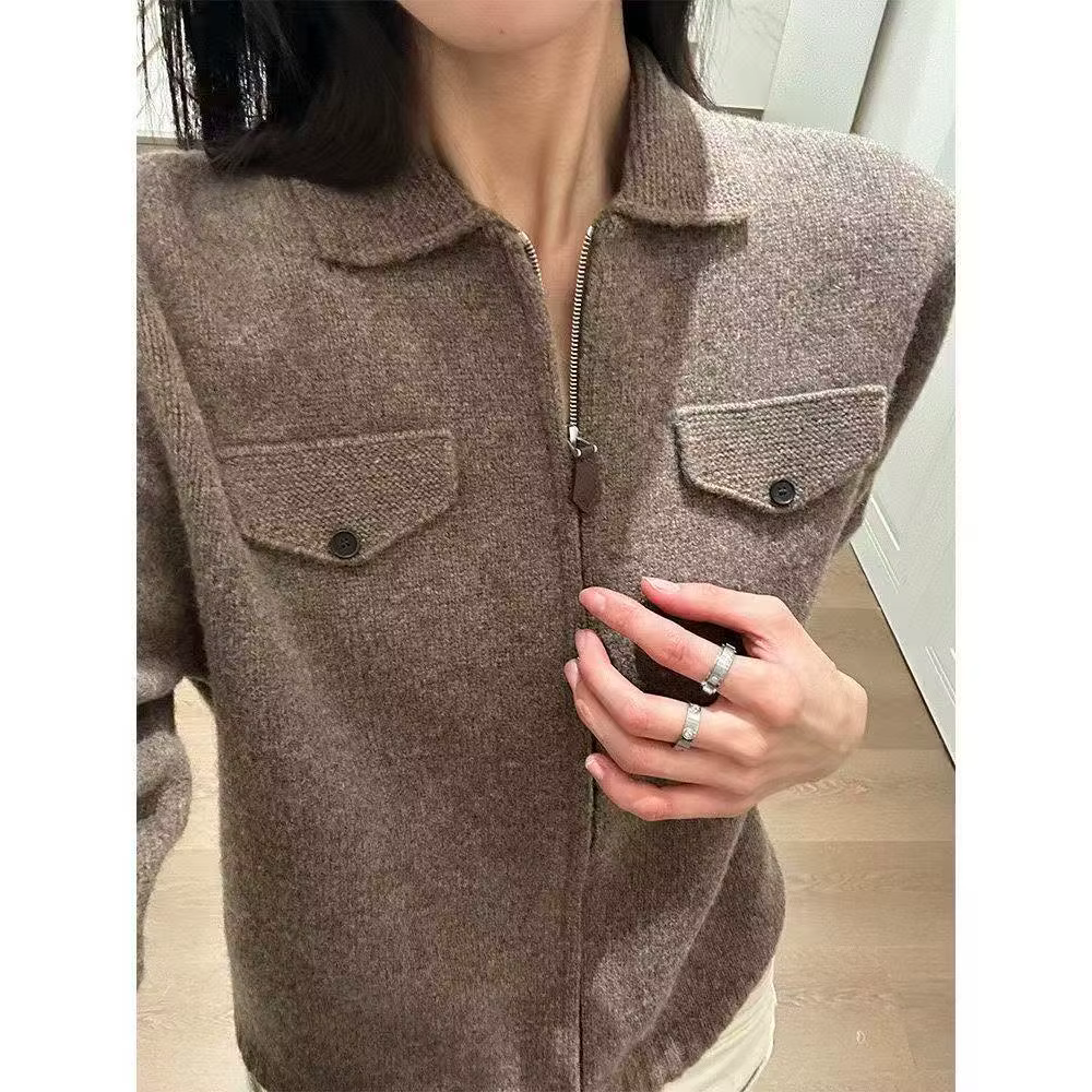 Cardigan tricoté à col polo zippé pour femme – Pull haut de gamme pour l'automne et l'hiver, idéal c